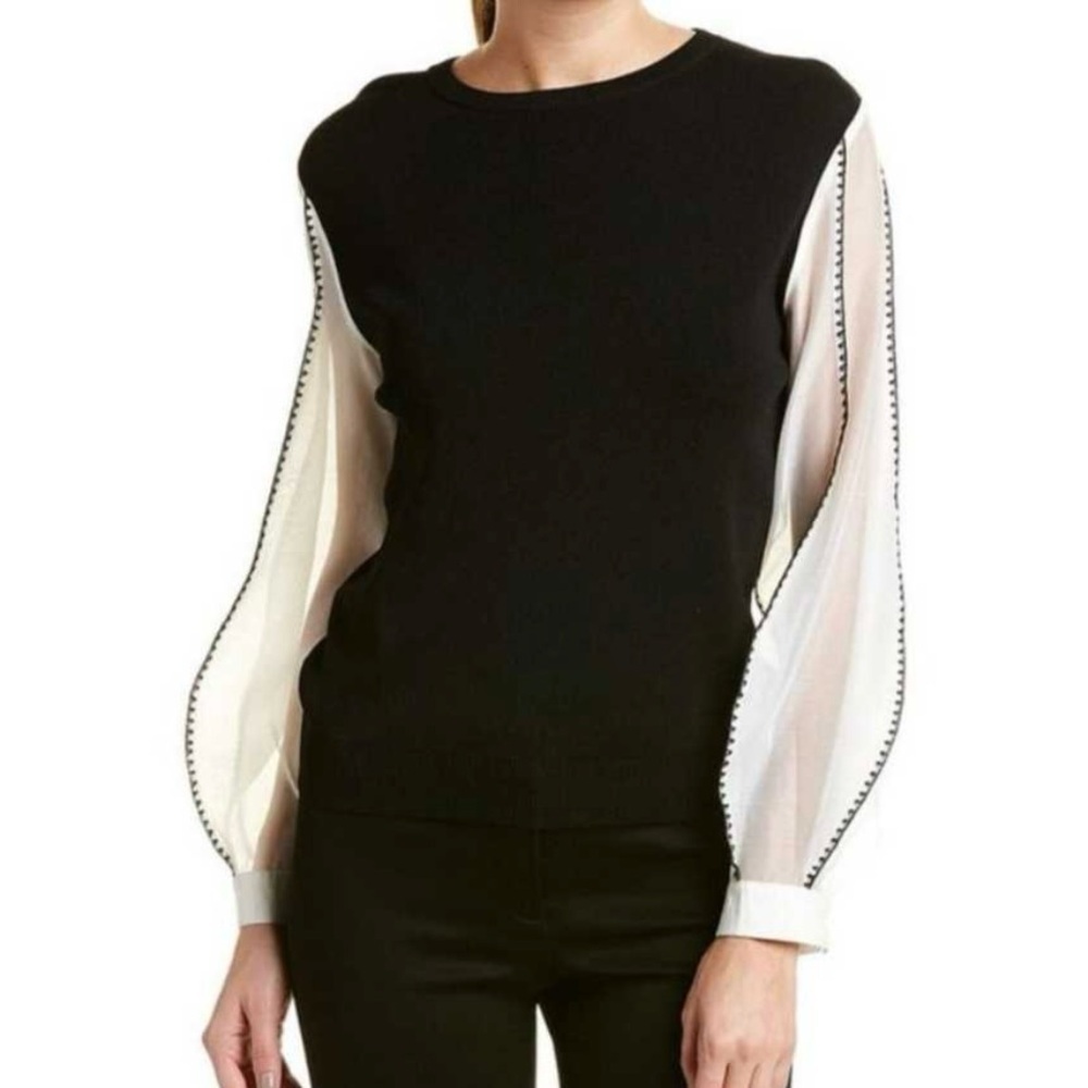 Maude Vivante Crewneck Sweater Black Sheer white sleeves Piping Women’s L
